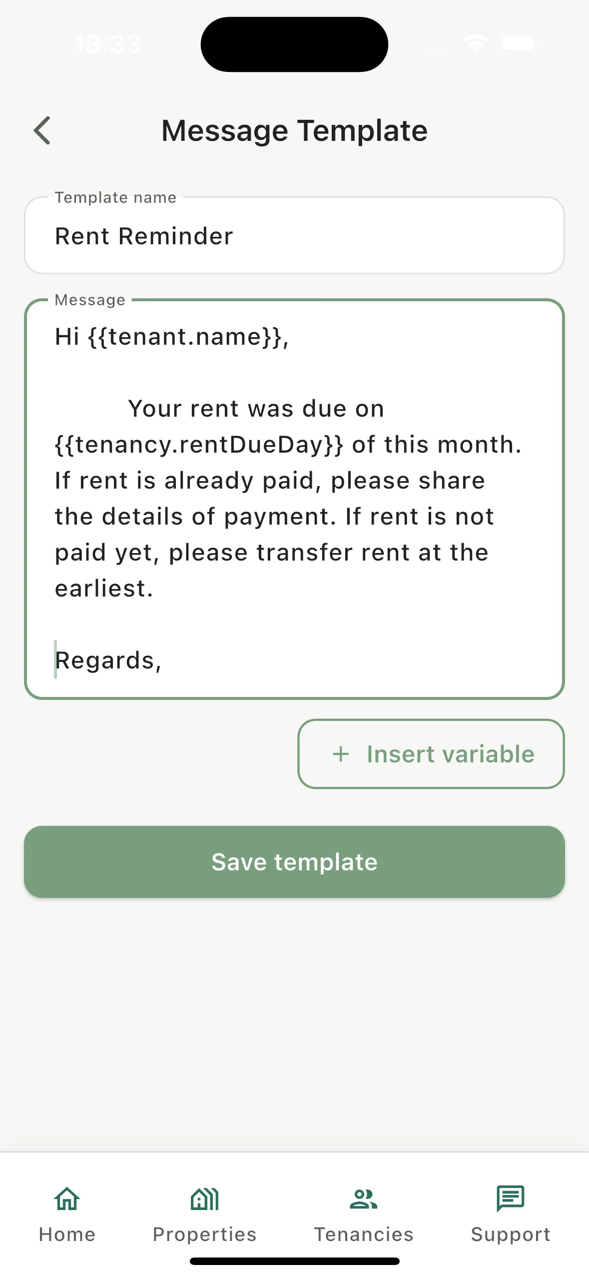 Rent reminder message template with tenant variables