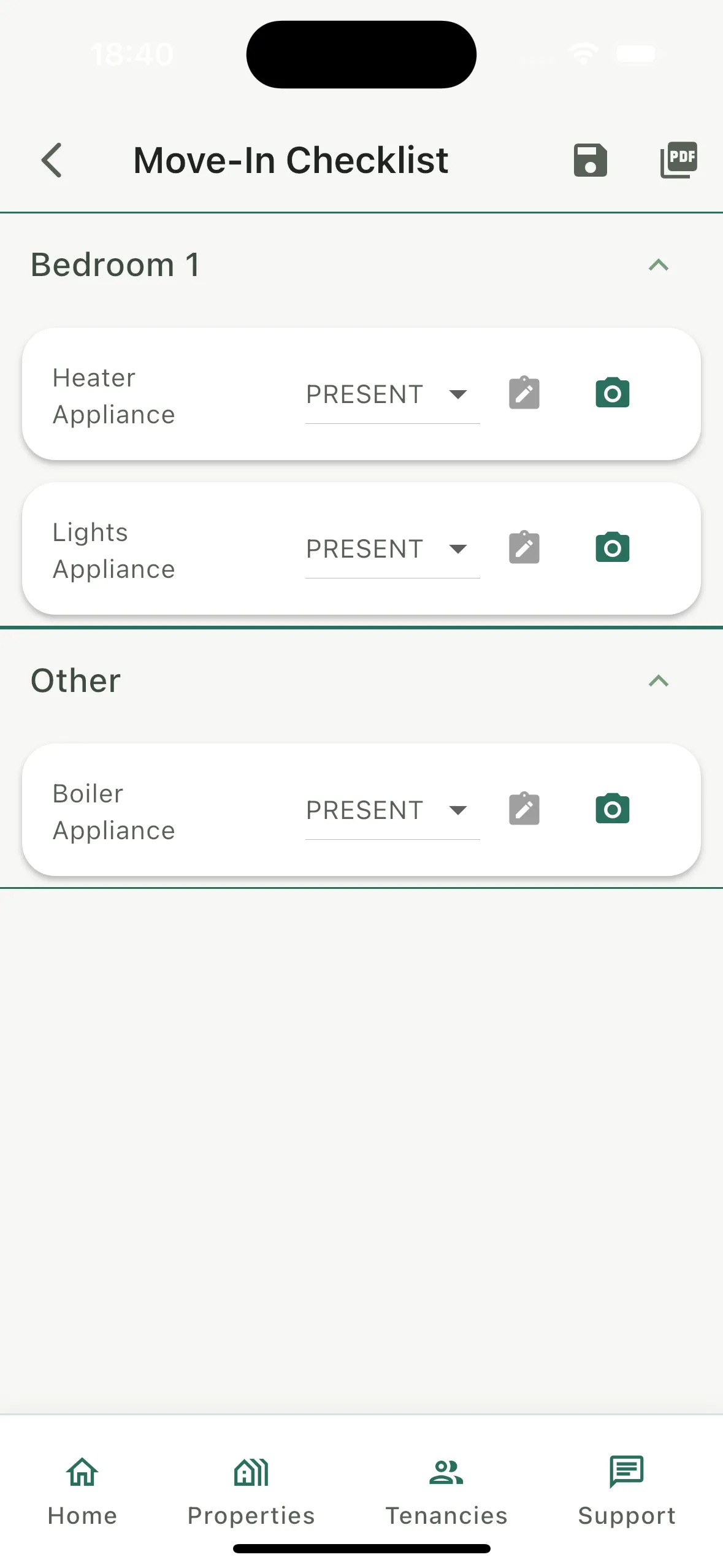 Move-in checklist with rooms, items, condition and photos