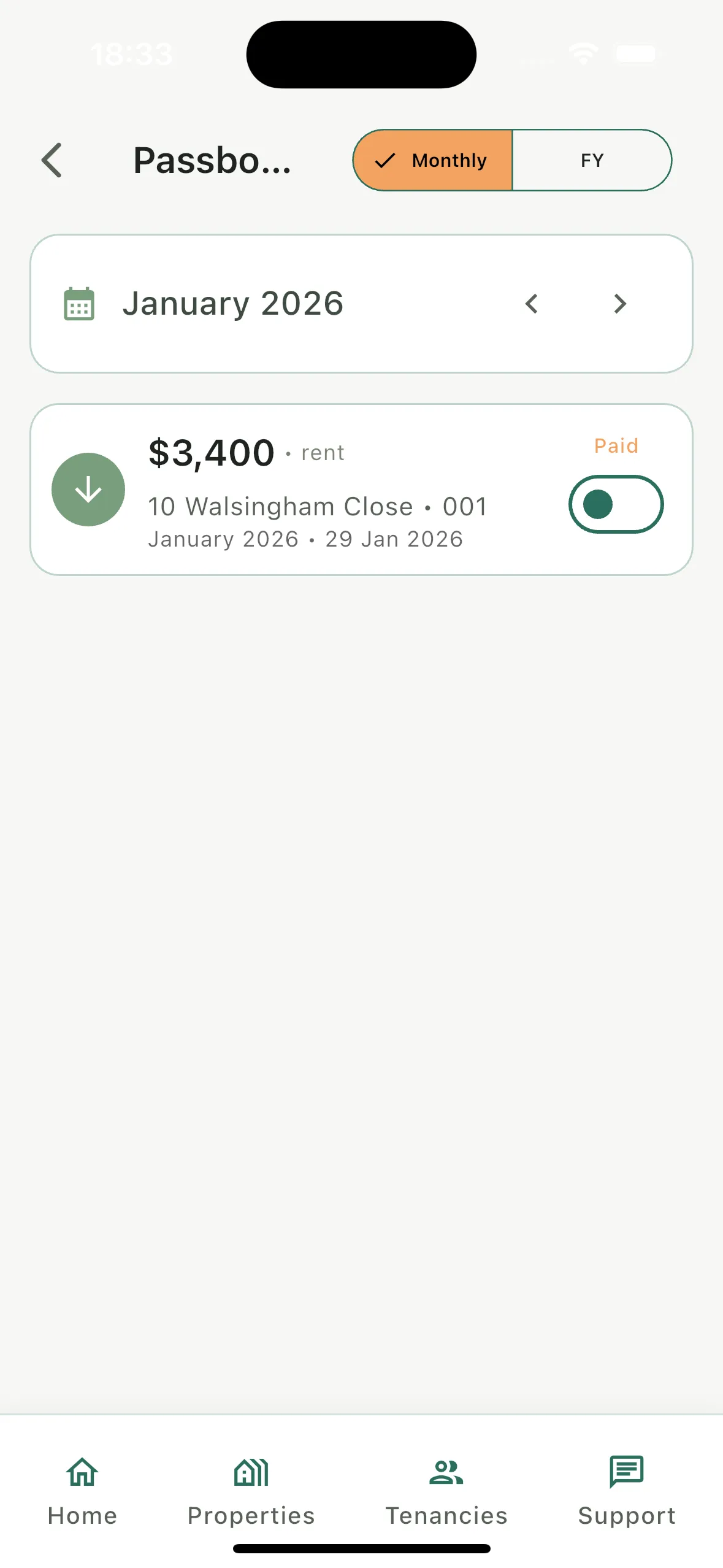 Rent passbook with monthly and financial year views