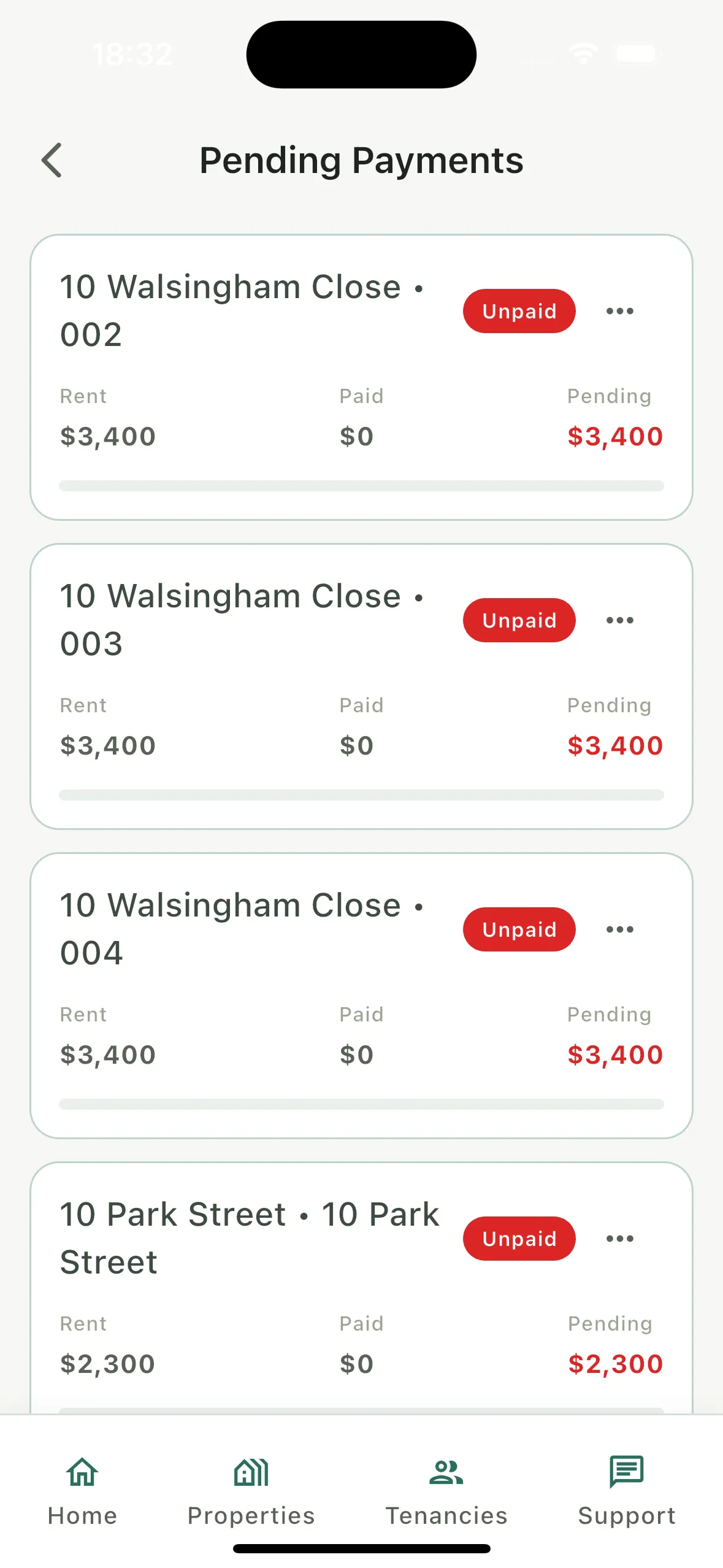 Pending payments screen listing unpaid rent per unit
