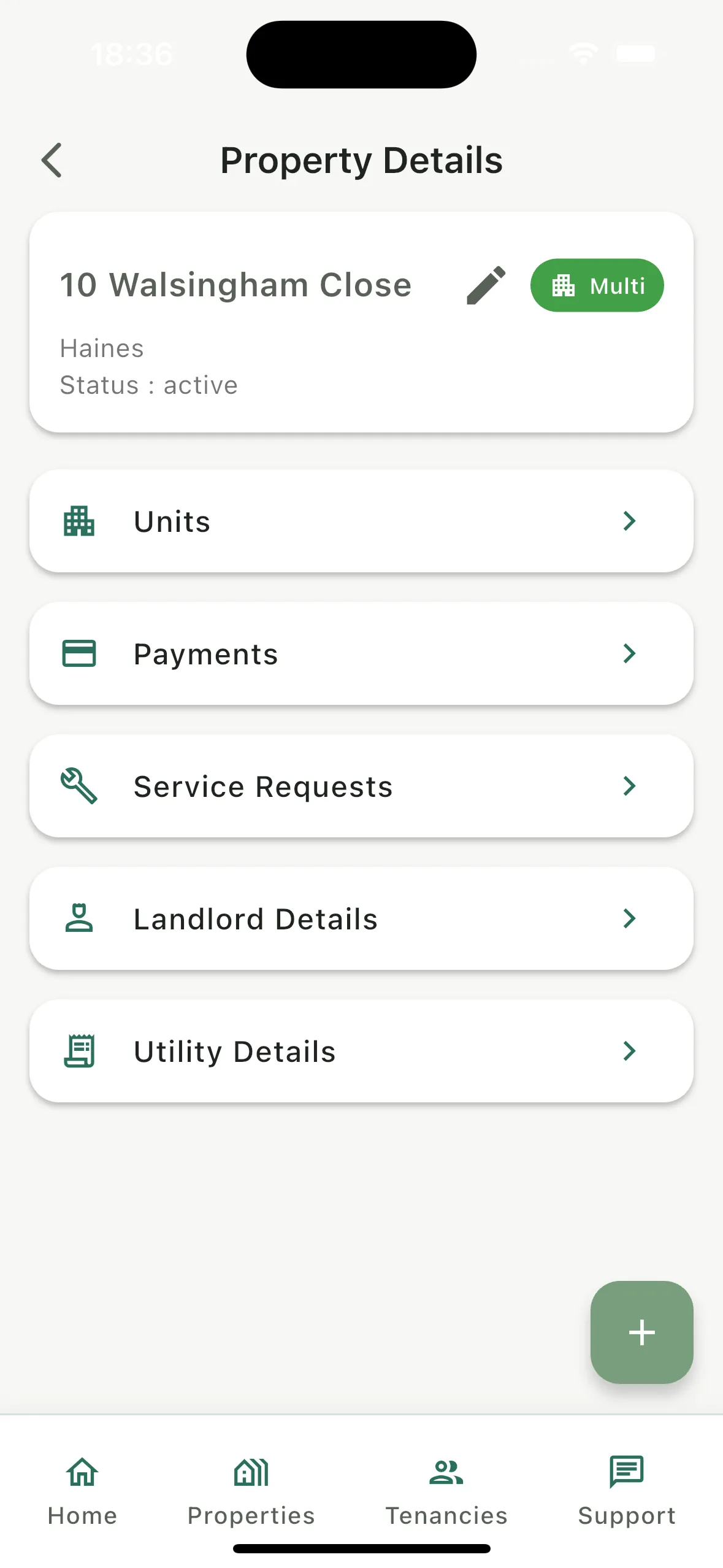 Property details with units, payments, service requests and utilities