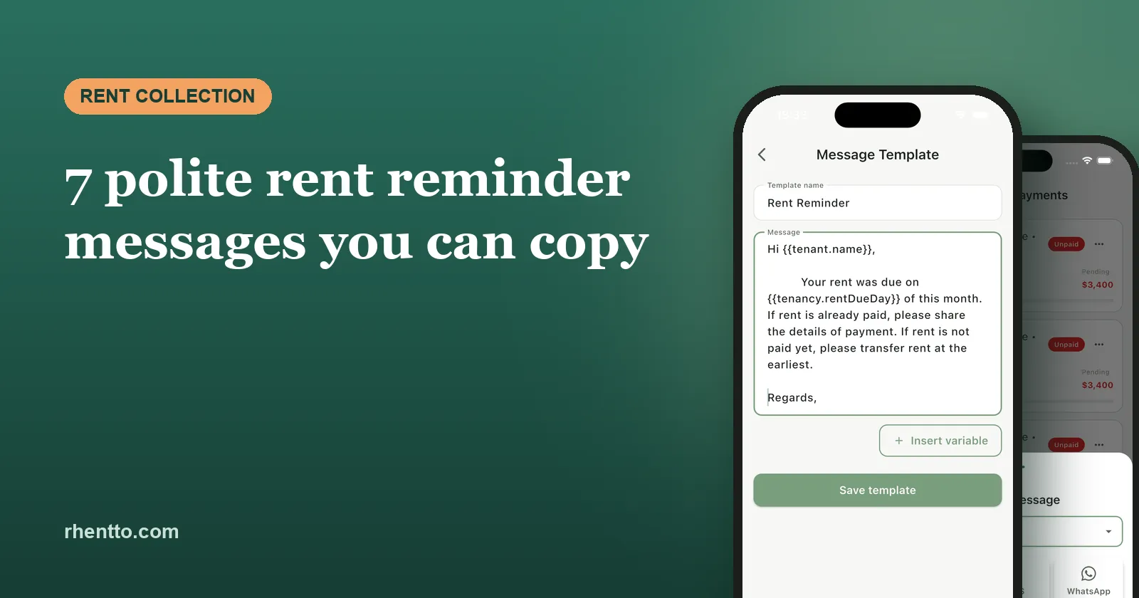 Rhentto message template screen with a rent reminder ready to send by WhatsApp, SMS or email