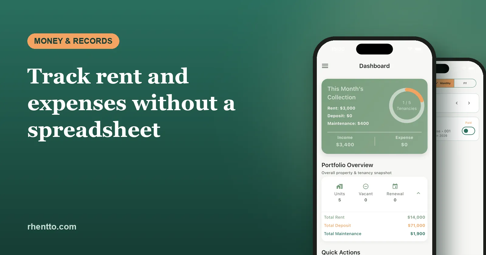Rhentto dashboard showing this month’s rent collection alongside a rent passbook with monthly and financial year views